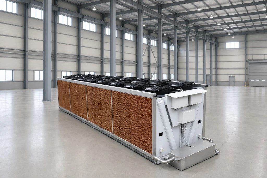 VANX adiabatic dry cooler with evaporative wet-curtain pre-cooling pads