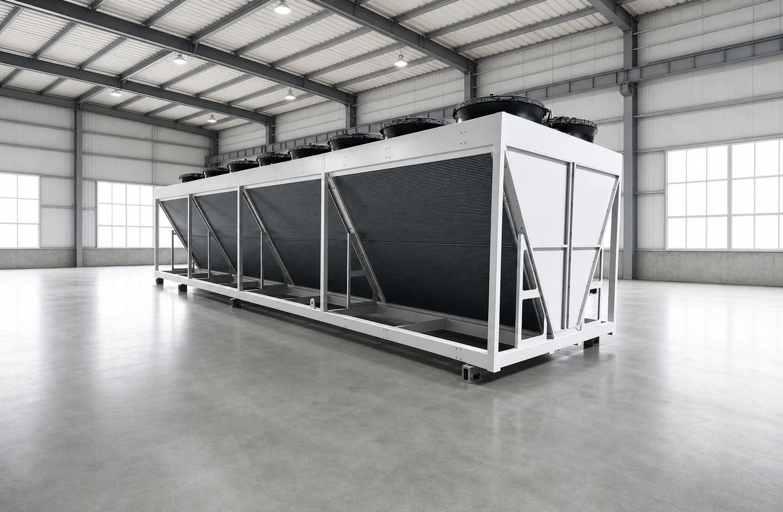 VANX microchannel dry cooler unit in a factory production hall