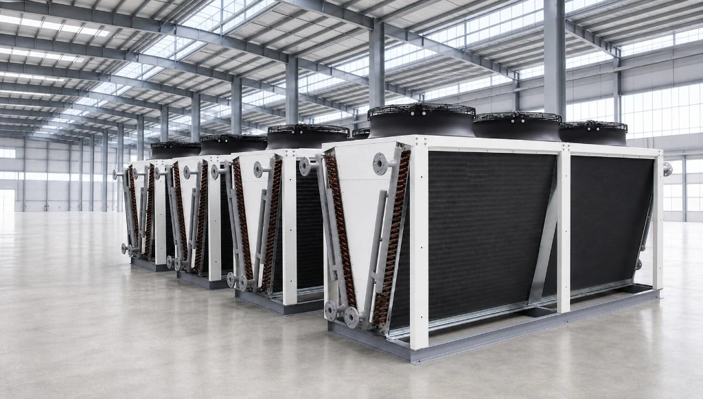 Row of VANX V-type dry coolers in a factory production hall